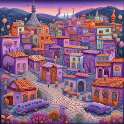 A light purple Day of the Dead themed town designed in Mexican folk art painted by Zhang Lu