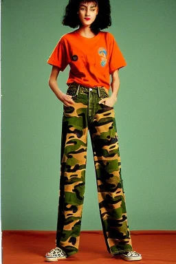 year 1996 denim fashion. Loose fit, "combat pants" with low waist, baggy, Combat pants and t-shirt. Colors: denim blue, blue, purple, khaki, light green, lilac, plum, orange, terracotta, red, pink, dark blue, beige. Women models. Patterns: Something between camouflage and cheetah prints, stripes.Something between camouflage and cheetah prints.Jennifer Lopez, Gwyneth Paltrow, . Big tennis shoes on. Cargo pants. street vs. grunge