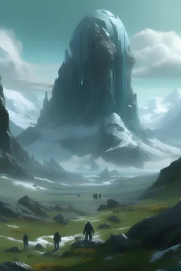 Paisaje de ciencia ficción con plantas y animales gigantes, montañoso y de mucho frio