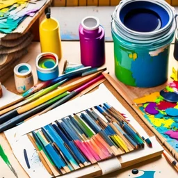 Depict a colorful palette of art supplies arranged neatly on a table, including paintbrushes, sketchbooks, and various types of paints and markers. Show recycling symbols integrated into the design of the art materials, emphasizing the commitment to sustainability and eco-friendly practices.