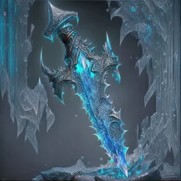 A fantasy zweihander, the blade is made up of glimmering ice, it's hilt is crafted from swirling vines, leading to a vibrant crystal at the pommel, with a black background behind it.