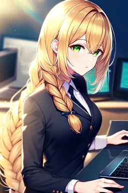 girl, masterpiece, best quality, cinematic lighting, detailed outfit, perfect eyes, golden hair, green eyes, long hair, braided ponytail, office lady, side shot, working at desk,