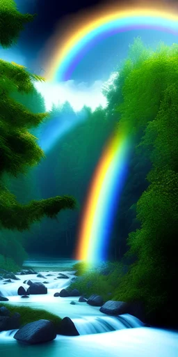 River up and down, rainbow, waterfall, forest, moon, mist