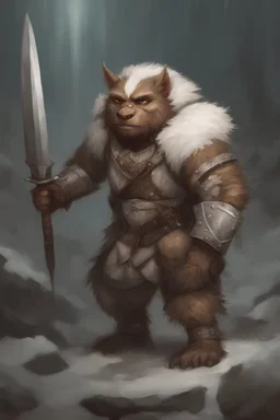 Dnd a young bugbear with WHITE fur and leather armor with swords