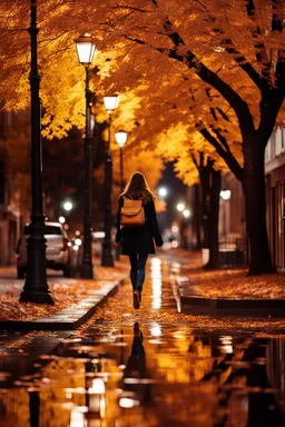 night yellow lights over the street trees autumn leaves under feet ,a Student adult girl with books in her hand walking in street looking to camera her lover flowing her with few steps far