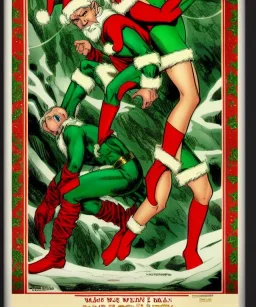 two elves. woman and man. Christmas scene. poster. marvel comic. low-key