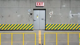 wall design for parking garage, concrete, yellow painted hazard lines, weathering and water stains, in middle is an exit doorway with small window, with a sign is above. rough painted hashmarks and parking lines, add signage found in a parking garage.