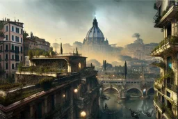 Tevere+river+Bar on garden rooftops +Rome mixed new york +Skyscraper +steampunk+biopunk+alphonse mucha, greg rutkowski,matte painting, cryengine, hyper detailed, felix kelly, fantasy art, seb mckinnon