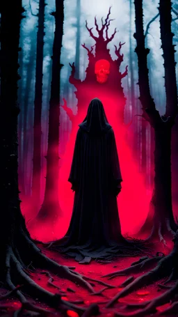In the center of the dark dead forest stands an scary altar of the dead, from which red mist emanates, around there are figures in black robes without faces, horror film style