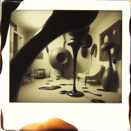 Photography polaroid close-up of a room with odd Yves Tanguy incomprehensible forms, Surrealism, glossy, organic, strong texture, fiotti di liquido nero, panic, obsessive, hypnotic