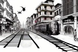 Hanoi train Street+Hanoi train Street+bologna portici+Gothic city+ BioShock+Dishonored+Bloodborne+trieste+Edinburgh+Chicago+victorian London+decòpunk Skyscraper+ +steampunk+biopunk+, croquis architecture, city drawing, perspective drawing, point perspective, architecture croquis drawing