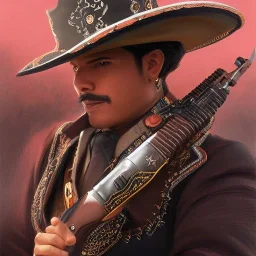 portrait,"Insanely detailed photograph of a mariachi warrior", charo with gun belt, sequenced Sombrero, detailed D20 flair, digital painting, artstation, concept art, smooth, sharp focus, illustration, art by artgerm and greg rutkowski and alphonse mucha, 8 k