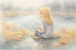 a cute chibi girl is sitting with her back to us, we see her playing tetris on a big screen, in van gogh style in on a misty morning. over a misty pond in the hieght of fall. Watercolour by Alison Brady. Pastel colours S<AI in sunshine, ethereal, otherwordly, cinematic postprocessing