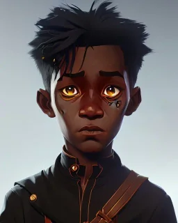 Portrait of a gorgeous black skinned toddler warlock boy with dark hair by Jim Kay