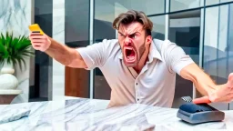 angry guy on phone at marble tabletop pointing at missing delivery