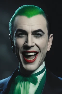 Bela Lugosi as Count Dracula the Joker, laughing maniacally, Short, buzz-cut green hair tapered on the sides - Blue eyes - full color - 32k, UHD, 1080p, 8 x 10, glossy professional quality digital photograph - dark foggy gradated background, historic, powerful, octane rendering, exquisite detail, 30 - megapixel, 4k, 85 - mm - lens, sharp - focus, intricately - detailed, long exposure time, f8, ISO 100, shutter - speed 1125, diffuse - back - lighting, ((skin details, high detailed skin texture)),