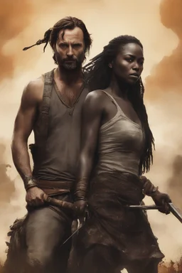 Movie Poster - Andrew Lincoln as "Rick Grimes," Danai Gurira as "Michonne," - The Walking Dead - in the art style of Frank Frazetta