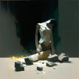 Minimal abstract oil painting of concrete fragments of body and illuminated . In the style of Justin Mortimerand Ashley Wood