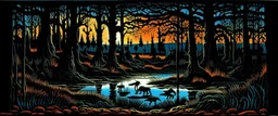 A black dark wetlands with shadow monsters designed in Navajo woven art painted by Claude Monet