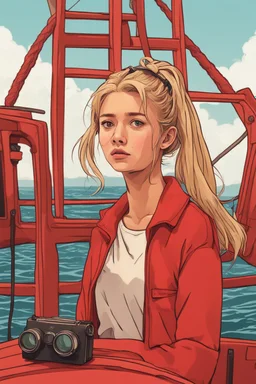 23 years old girl, with blond hair and a messy bun like selah sue. standing on in a red boat, wearing red clothes and holding binoculars watching something in the middle of the sea. You see the whole boat. You see the gril in front. It's a ferry. Wes anderson style. In front. Sarcastic vibe. Old school interior. she stands in the kitchen of the boat