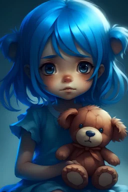 A cute blue haired girl holding a cursed scary teddy bear