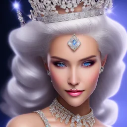 Ice Princess with white hair smilling, a crown with precious stones, bright background