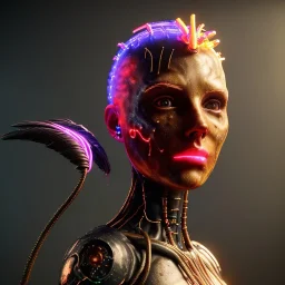 pretty irish gringer cyber woman, cold ambient, latex, cables, purpurin, blood, black, gold, piercings, brown, decorative color feathers, circuits, neon style, a lot of led lights, fog, rain, vibrant color, highly detailed, art stations, concept art, smooth, unreal engine 5, god rays, ray tracing, RTX, lumen lighting, ultra detail, volumetric lighting, 3d, finely drawn, high definition, high resolution.