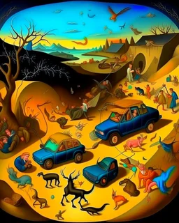 Bosch painting style ,nightmare, a lot of blacksmiths with hummer’s working on a trail road