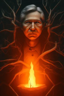 satoshi nakamoto in the mining hole, Fire theme art, Dark moody night atmosphere, , 8K, close-up face, anatomically perfect face, oak tree roots, ignore NSFW