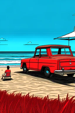 A drawing of a red car parked at a beach with a man wearing shorts relaxing on a beach chair,but no one us around and he is a loner