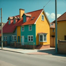 Fotografia di strada random assurda e falsa orripilante weirdcore dai colori vivaci. Non luogo falso, inusuale. Max Ernst. Le case sono false e dipinte di chiaro con cose stilizzate e dettagli. Ci sono strane. , che danno un senso distopico e molto surreale, disposte in modo casuale. L'atmosfera generale sembra noiosa e onirica, con un contrasto tra elementi reali ed elementi dipinti falsi, René Magritte