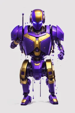 Human Like Cyborg, Royal purple and Gold, Combat Robot, Dangerous, Strong, Destroyed, Inside a Vat of Liquid