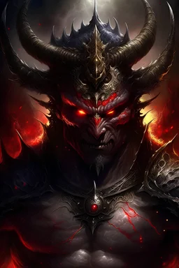 The royal Devil King, with stunning scaly skin and fiery red eyes, raises high a thunderous arrow, crackling with pure energy, dark storm clouds gathering above his head. This striking image, possibly a digital painting, captures the powerful presence of the devil, with the intricate details of his face, from his piercing eyes to the intricate markings on his skin, rendered flawlessly. The overall composition is both impressive and mesmerizing, drawing viewers in with its dynamic and commanding