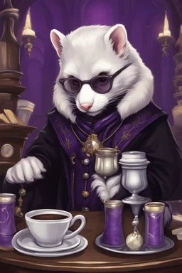 (anthropomorphic white ferret),dressed in ((cleric fantasy)) black and purple clothes with silver holy ornaments, realistic anatomy, fantasy tavern on background, mage and holy symbols around, serious face, hold cup of coffe, tired face, in the style of LOISH, glasses