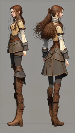 turnaround frontal view, side view and back view, character of a girl, realistic style, brown hair, she wears fantasy medieval clothes, she is slim, full body with boots