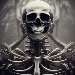 a skeleton warrior in hr giger style, red blood floating from above down the skull, steam punk, realistic, made in octane, cinematic, ultra-realistic, extremely detailed octane rendering, 8K, VRAY Super Real ar 2:3, dof photorealistic futuristic 50mm lens hard lighting dark gray tintype photograph, realistic lighting, sepia color