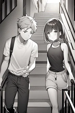 a boy in shorts sleeveless shirt climbs the stairs, greyscale