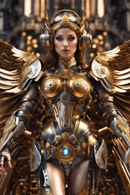 Photo Full body Lady Angel cyborg straddle wings, using traditional armor,detailed, intricate,gears cogs cables wires circuits, gold silver chrome copper,abstract background