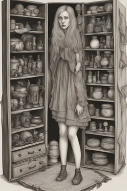 she stands within the confines of a closet, surrounded by a cabinet of curiosities. These evocative creations capture a melancholic mood, revealing the inner struggle of a soul torn between her desire for freedom and the weight of her own uniqueness.