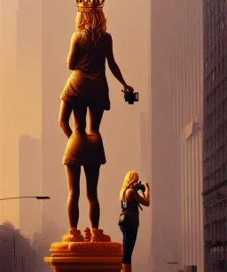 Statue of Queen of photography holding camera in hands. Cute blonde woman. Photographer in golden crown. Standing on the street. Big camera in her hand. hyperdetailed, photorealistic, trending on artstation, greg rutkowski, beksinski, kodachrome, volumetric lighting, gold and orange