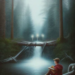 spray painted fantasy art, book illustration, forest man sitting by a big log bonfire, in the background the stairs of a dam in the magical forest ,icy water