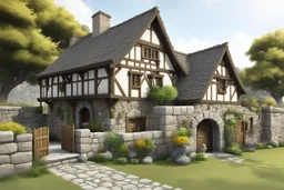 A square medieval homestead surrounded by a 6' high stone wall. At the front there is a double gate made of wood with a stone arch above it. Inside the compound a stone and wood 2 story house with a dutch door and a yellow thatched roof with chimneys at either end. Attached to the house is a 4 story high tower house with smaller attached enclosed stair running up the side of the tower. Inside the compound opposite the house is a 2 story stone barn with thatched roof. Attached to side of the ba
