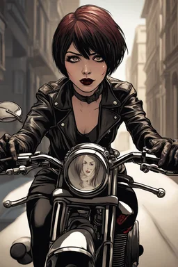 vampire girl with short cropped hair riding a cafe racer motorcycle