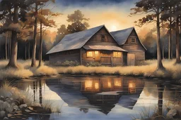 rustic Barn on banks of a pond in a forest, harvest moon, reflective, detailed watercolor with fine brush strokes, artistic, impressionism, amazing pond reflection, volumetric natural lighting, concept art, beautiful, scenic, by Steve Hanks