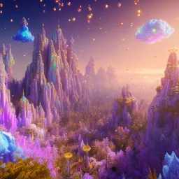 blue gold and violet landscape with multicolored crystals falling from the sky, full of details, smooth, bright sunshine，soft light atmosphere, light effect，vaporwave colorful, concept art, smooth, extremely sharp detail, finely tuned detail, ultra high definition, 8 k, unreal engine 5, ultra sharp focus