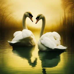 two swans in a romantic lake, dark green and warm yellow color, fantasy atmosphere, photo quality