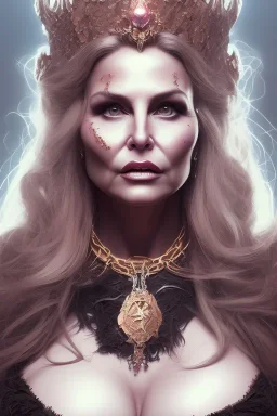 Jennifer Coolidge as evil queen in black leather, cleavage, angry, stern look. character design by cory loftis, fenghua zhong, ryohei hase, ismail inceoglu and ruan jia. unreal engine 5, artistic lighting, highly detailed, photorealistic, fantasy