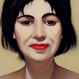 Portrait of a 40years old wife with black hair bold nose brown eyes, painting