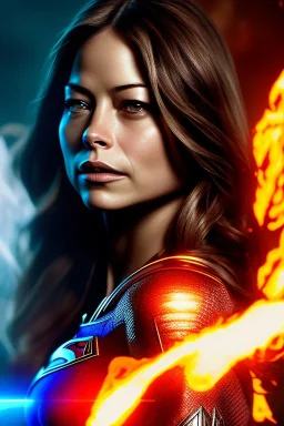 kristin kreuk, head and shoulders portrait, superman clothes, 8k resolution, fog, smoke, fire, particles