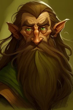 Gnom, braune lange wilde Haare, große, auffällig dicker Nase, grüne Augen, sehr jung (etwa zwanzig Jahre) , Druide, gebräunte Haut, kein Bart, Mann